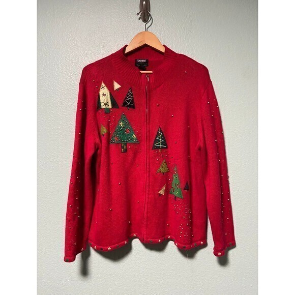 Vintage Designer Originals Studios Women's Red Christmas Tree Sweater Zip‎ Up XL - Picture 1 of 9